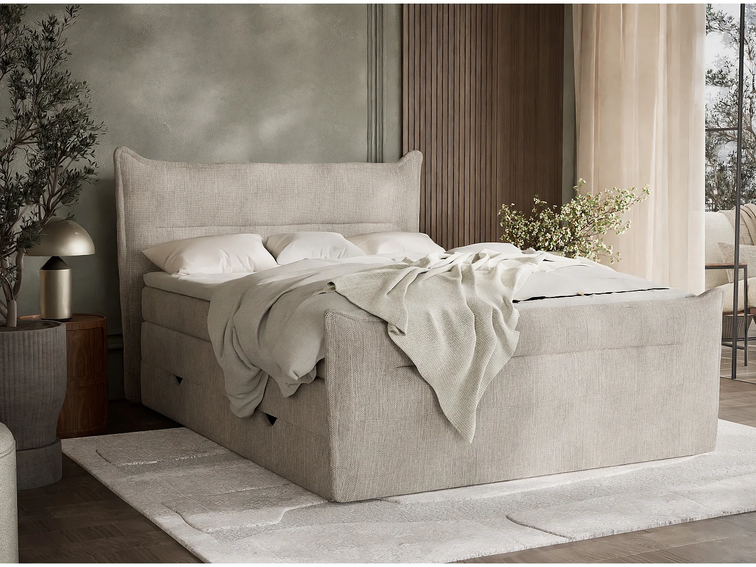 Łóżko boxspring z zagłówkiem + materac + topper - 180x200 cm - beżowy - PELINO