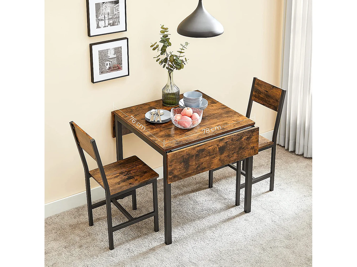 VASAGLE KDT077B01 Sammenklappeligt spisebord til 2-4 personer til små rum Vintage Brown/Black
