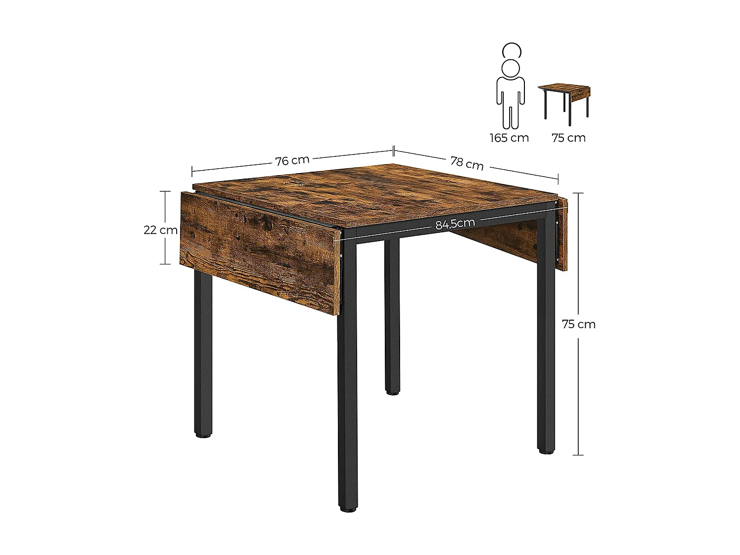 VASAGLE KDT077B01 Sammenklappeligt spisebord til 2-4 personer til små rum Vintage Brown/Black