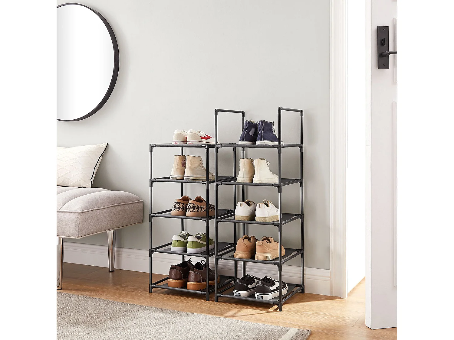 SONGMICS Meuble à chaussures 10 niveaux, porte-chaussures, rangement gain de place, 33 x 33 x 173 cm, cadre en métal, étagères en tissu intissé, pour entrée,