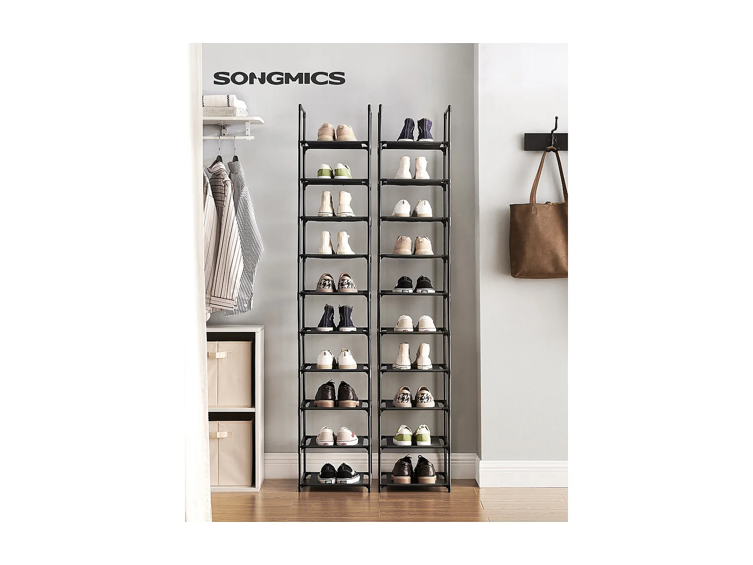 SONGMICS Meuble à chaussures 10 niveaux, porte-chaussures, rangement gain de place, 33 x 33 x 173 cm, cadre en métal, étagères en tissu intissé, pour entrée,