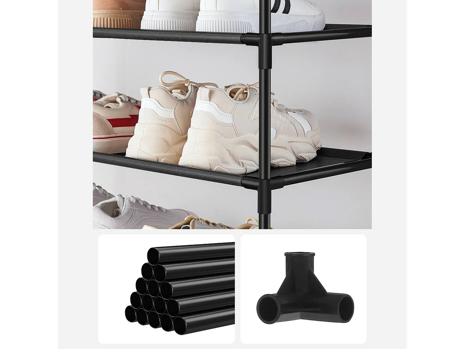 SONGMICS Meuble à chaussures 10 niveaux, porte-chaussures, rangement gain de place, 33 x 33 x 173 cm, cadre en métal, étagères en tissu intissé, pour entrée,