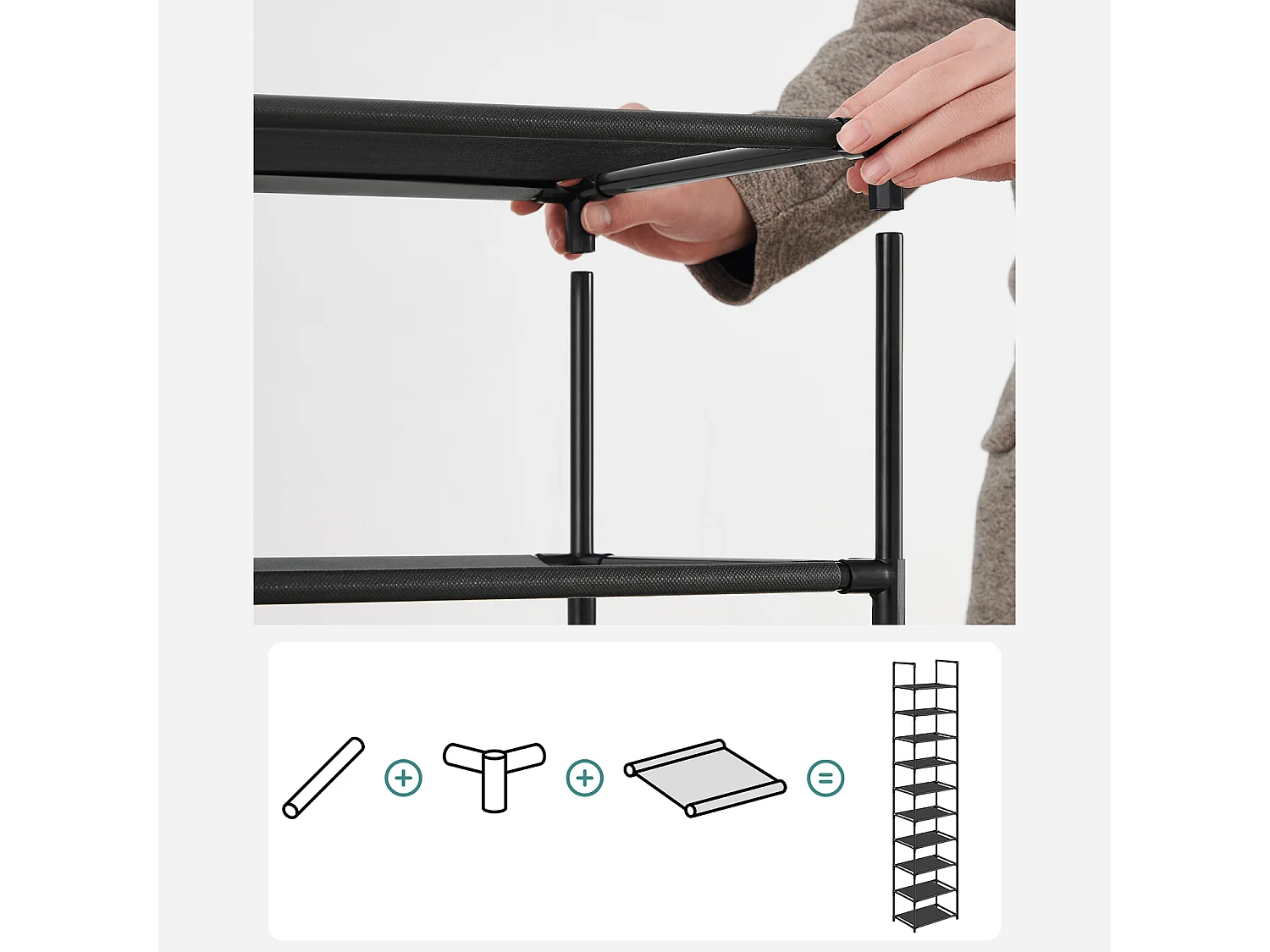 SONGMICS Meuble à chaussures 10 niveaux, porte-chaussures, rangement gain de place, 33 x 33 x 173 cm, cadre en métal, étagères en tissu intissé, pour entrée,
