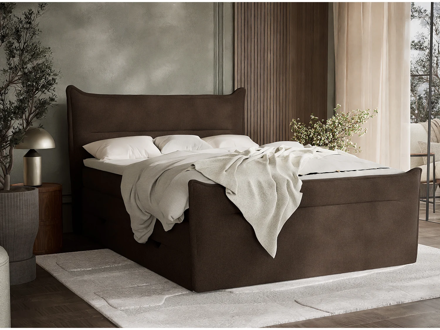 Łóżko boxspring z zagłówkiem + materac + topper - 180x200 cm - brązowy - PELINO