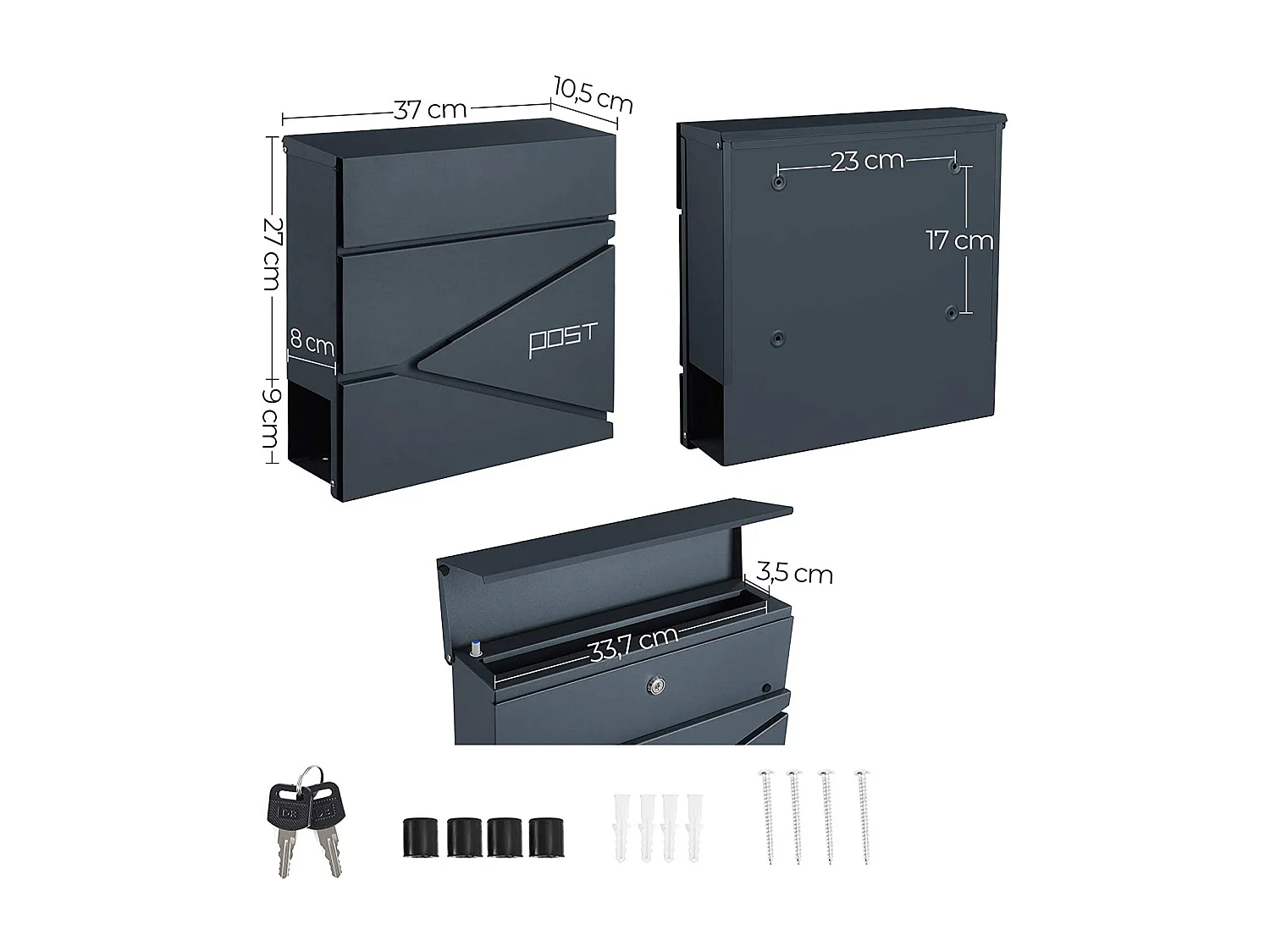 SONGMICS Modern Mailbox, Lockable Wall-Mounted Post Letter Box with Newspaper Holder, Easy to Install, Anthracite Grey GMB051G02