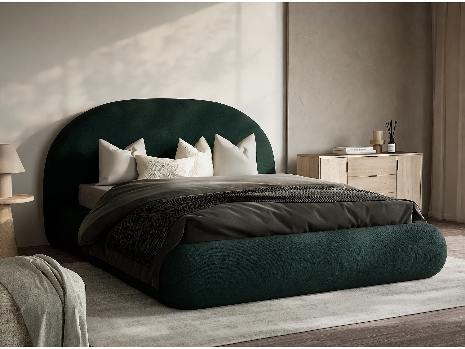 Łóżko ze skrzynią 160 x 200 cm - tkanina pleciona - ciemnozielony - MAUMERE