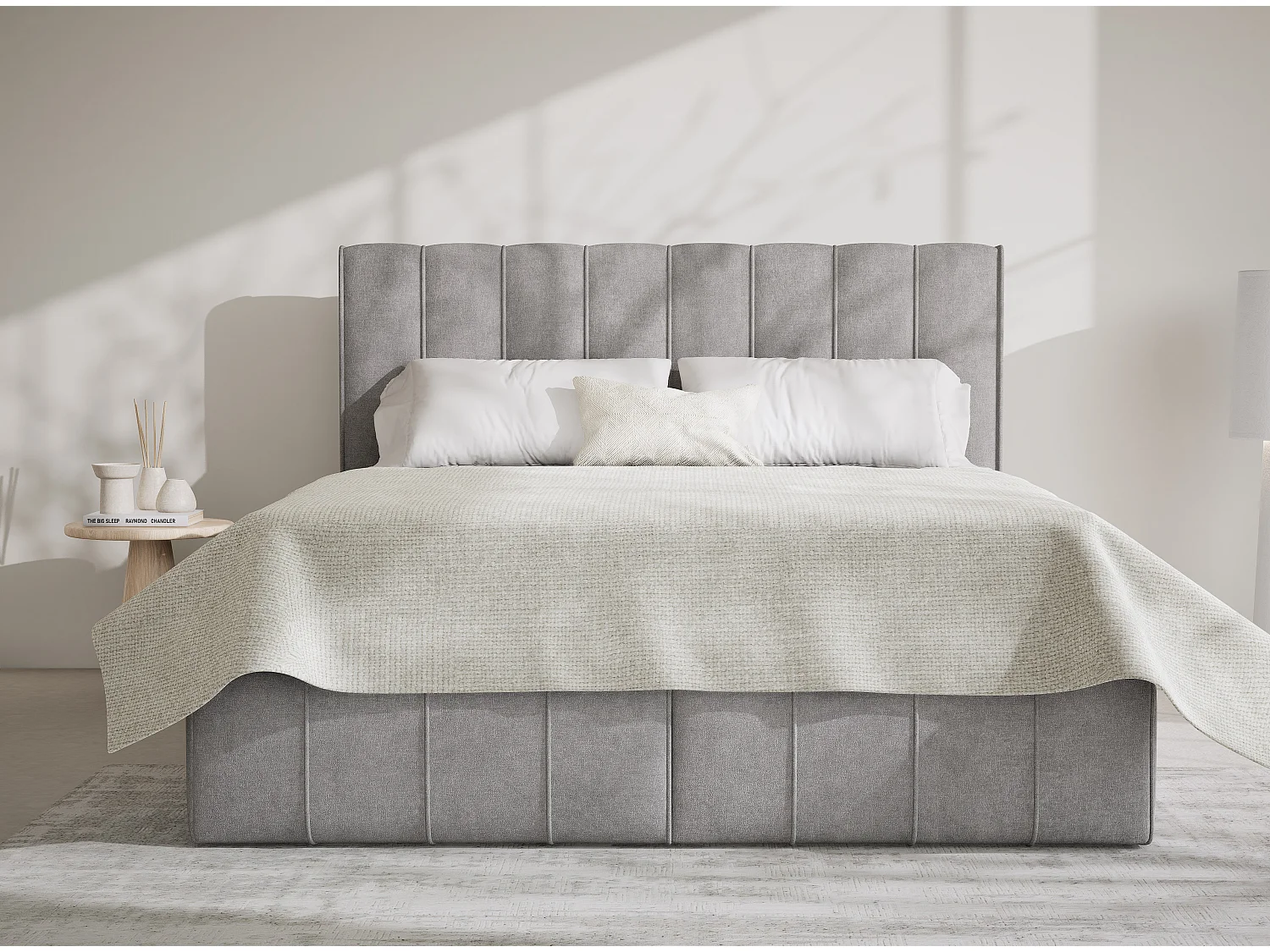 Lit boxspring avec rangement MORETTI - matelas - surmatelas - 160x200 cm - beige gris