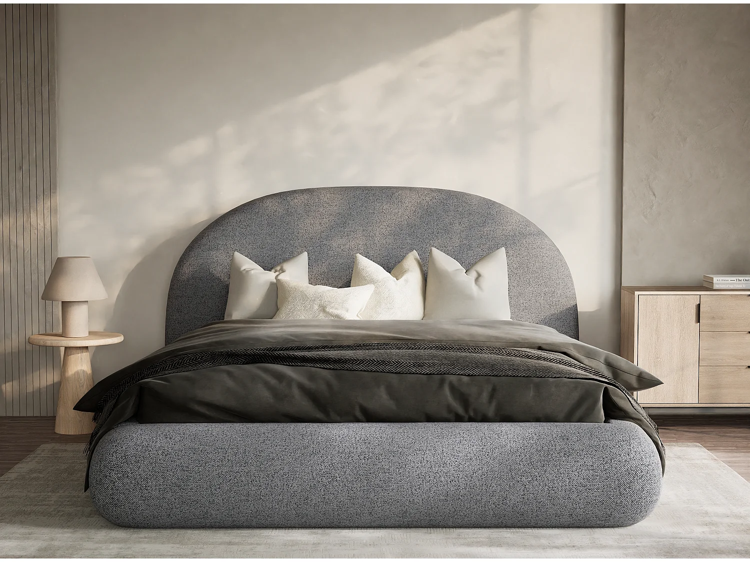 Łóżko ze skrzynią 180 x 200 cm - tkanina pleciona - szary - MAUMERE