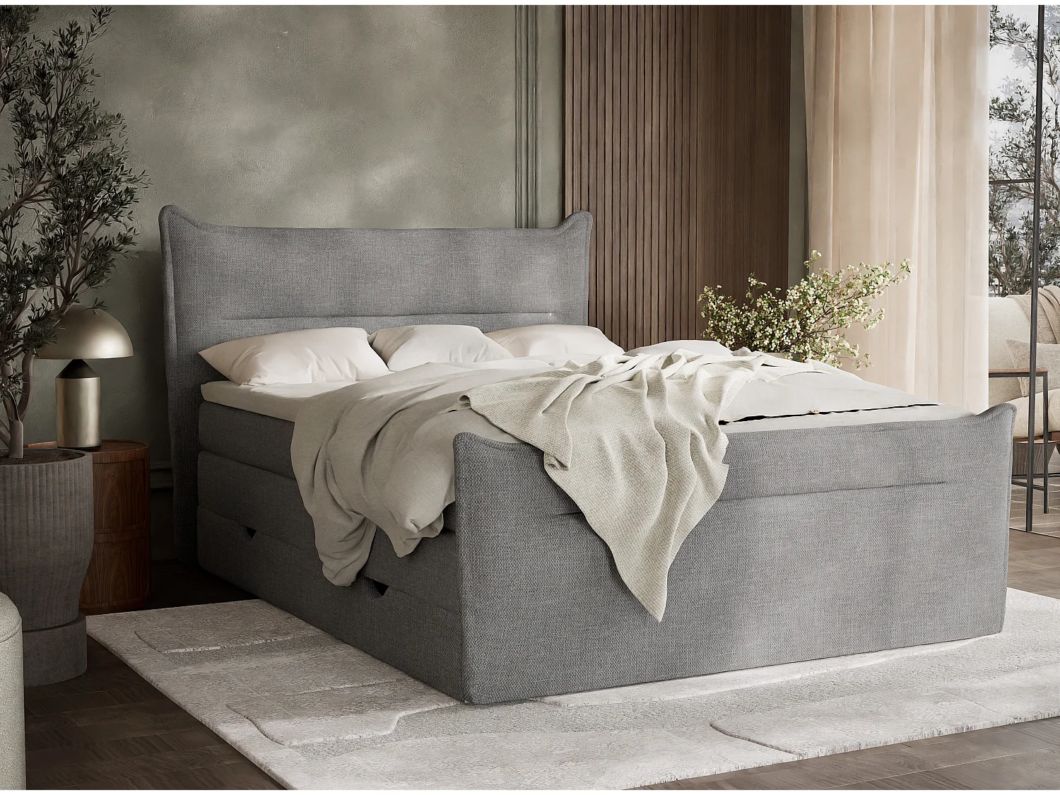 Łóżko boxspring z zagłówkiem + materac + topper - 200x200 cm - szary - PELINO