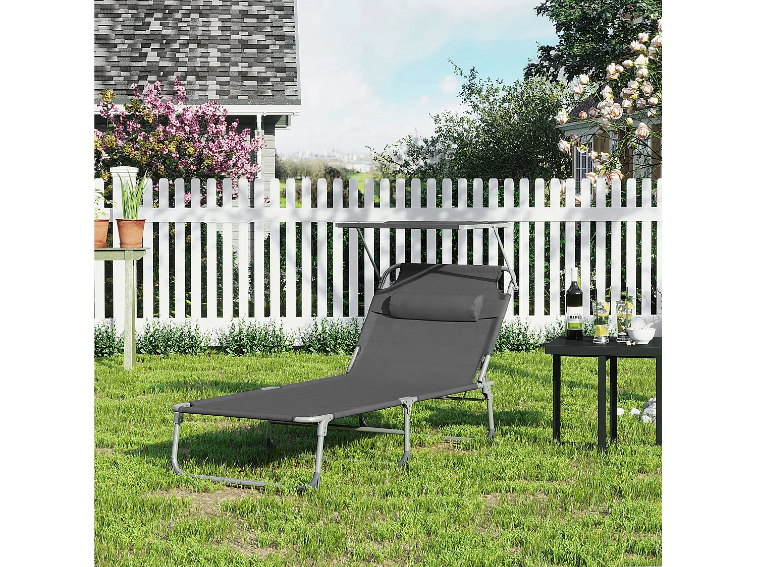 SONGMICS Lounger, Sunbed, Large Reclining Sun Chair, 71 x 200 x 38 cm, Load Capacity 150 kg, with Headrest, Reclining Backrest, Sunshade, Foldable, for Garden,