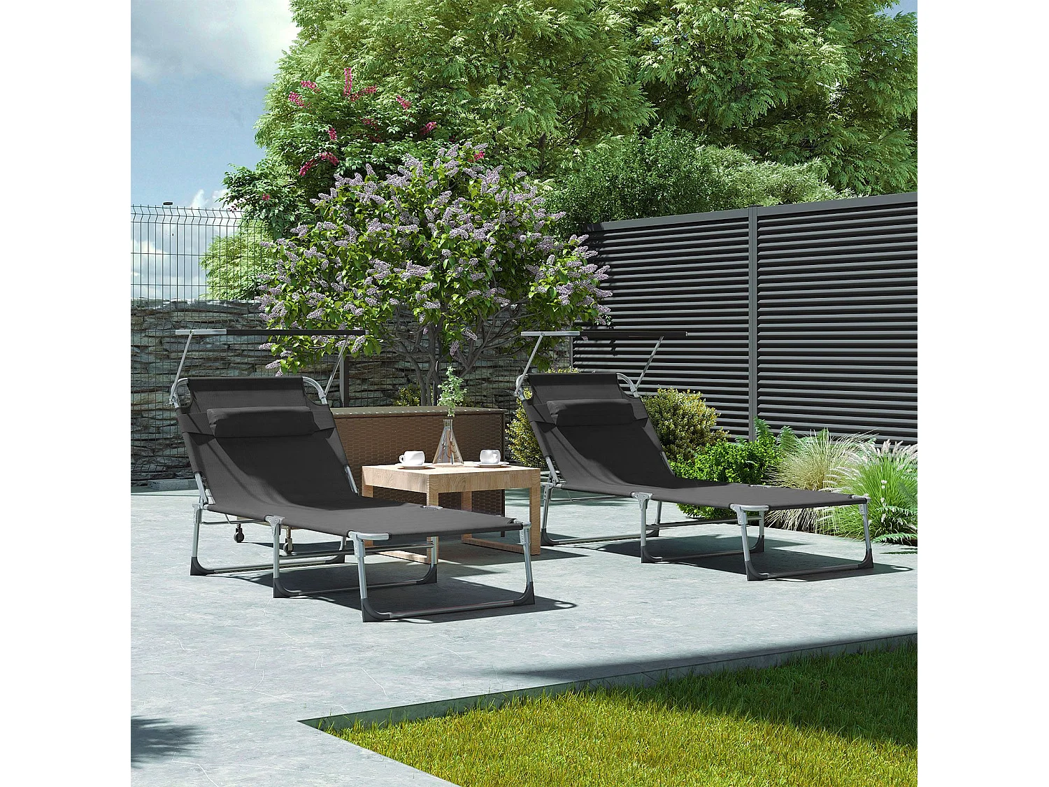 SONGMICS Lounger, Sunbed, Large Reclining Sun Chair, 71 x 200 x 38 cm, Load Capacity 150 kg, with Headrest, Reclining Backrest, Sunshade, Foldable, for Garden,