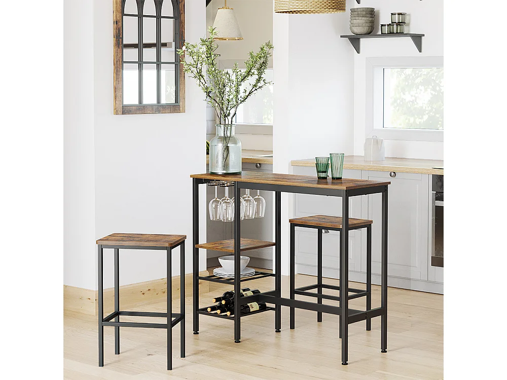 VASAGLE Højbord, spisebord, barbord, med vinglasholder og flaskeholder, til stue, køkken, 110 x 40 x 90 cm, industrielt, rustikt brunt og sort LBT013B01