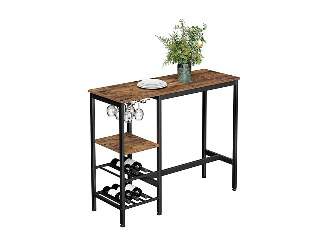 VASAGLE Højbord, spisebord, barbord, med vinglasholder og flaskeholder, til stue, køkken, 110 x 40 x 90 cm, industrielt, rustikt brunt og sort LBT013B01