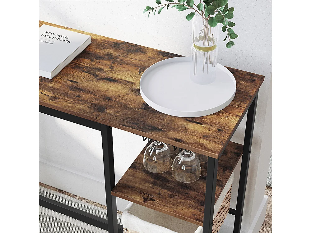 VASAGLE Højbord, spisebord, barbord, med vinglasholder og flaskeholder, til stue, køkken, 110 x 40 x 90 cm, industrielt, rustikt brunt og sort LBT013B01