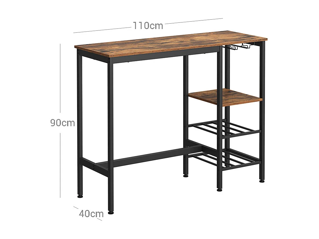 VASAGLE Højbord, spisebord, barbord, med vinglasholder og flaskeholder, til stue, køkken, 110 x 40 x 90 cm, industrielt, rustikt brunt og sort LBT013B01