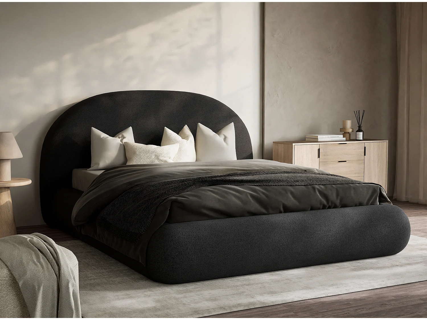 Łóżko ze skrzynią 140 x 200 cm - tkanina pleciona - grafitowy - MAUMERE