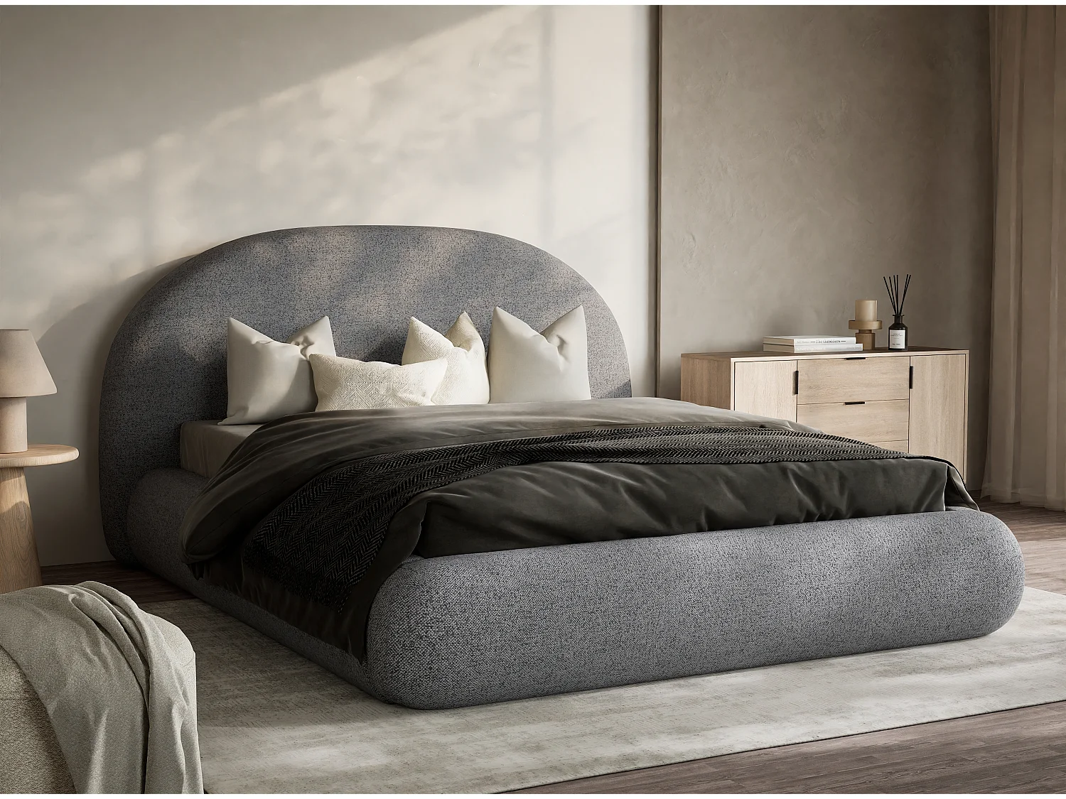 Łóżko ze skrzynią 140 x 200 cm - tkanina pleciona - szary - MAUMERE