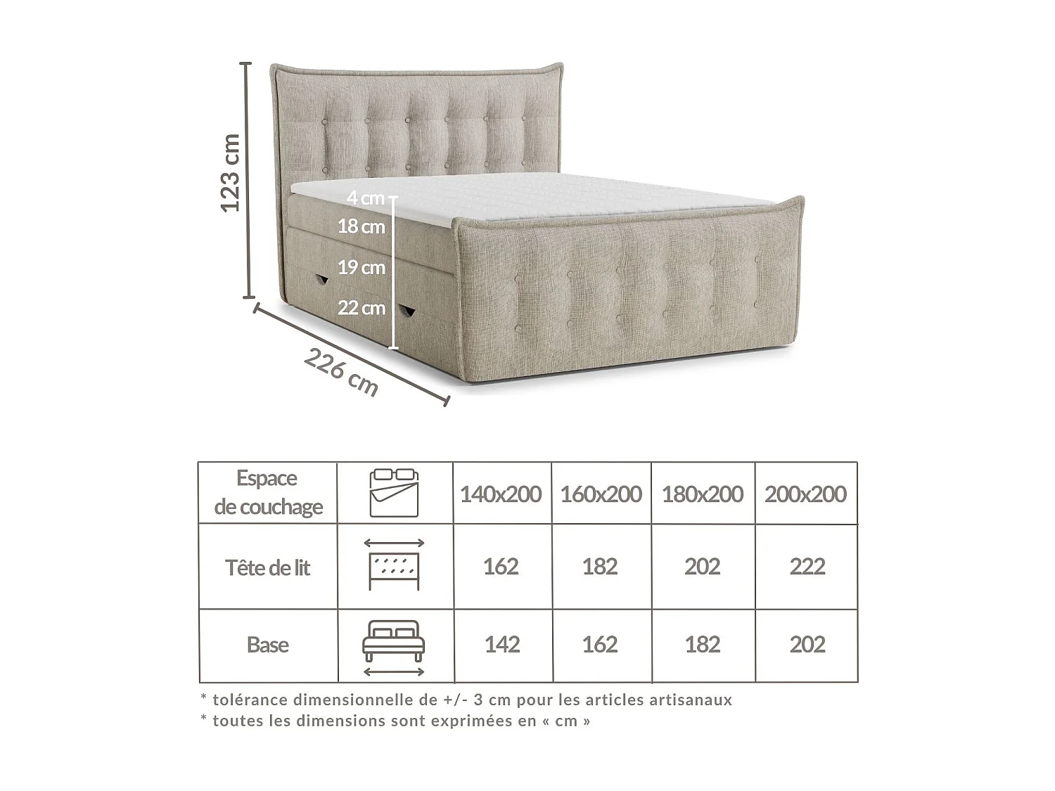 Łóżko boxspring z zagłówkiem + materac + topper - 200x200 cm - beżowy - FATU