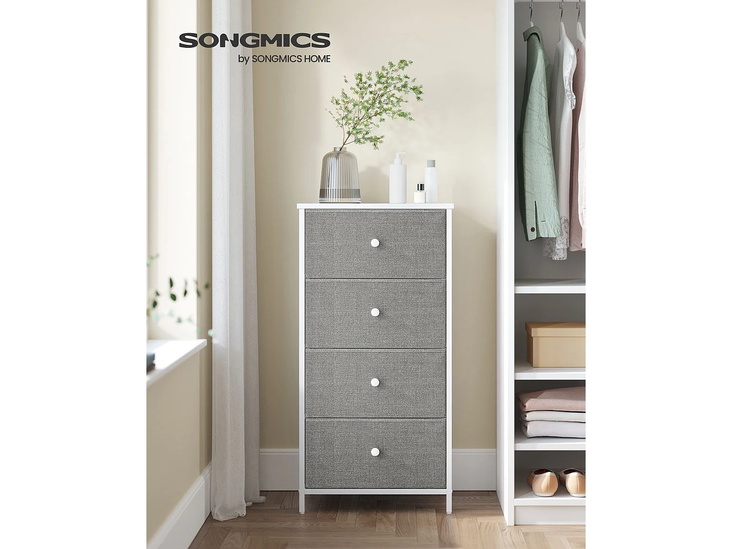 Commode en tissu avec 4 tiroirs gris clair blanc