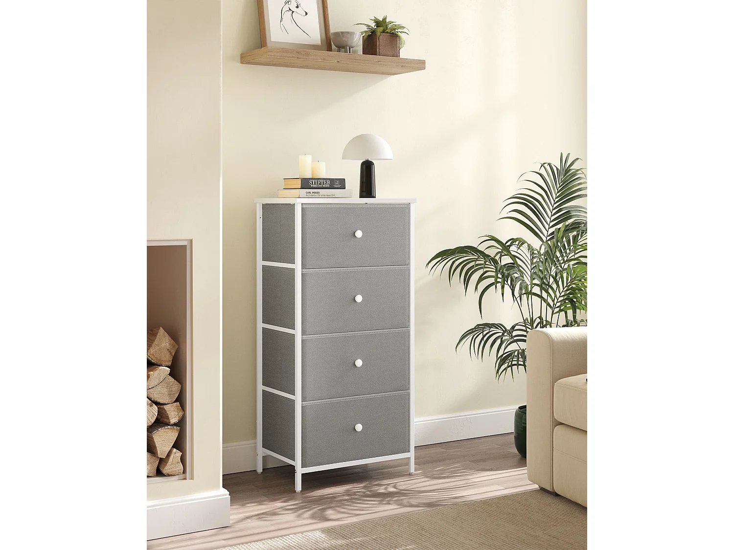 Commode en tissu avec 4 tiroirs gris clair blanc