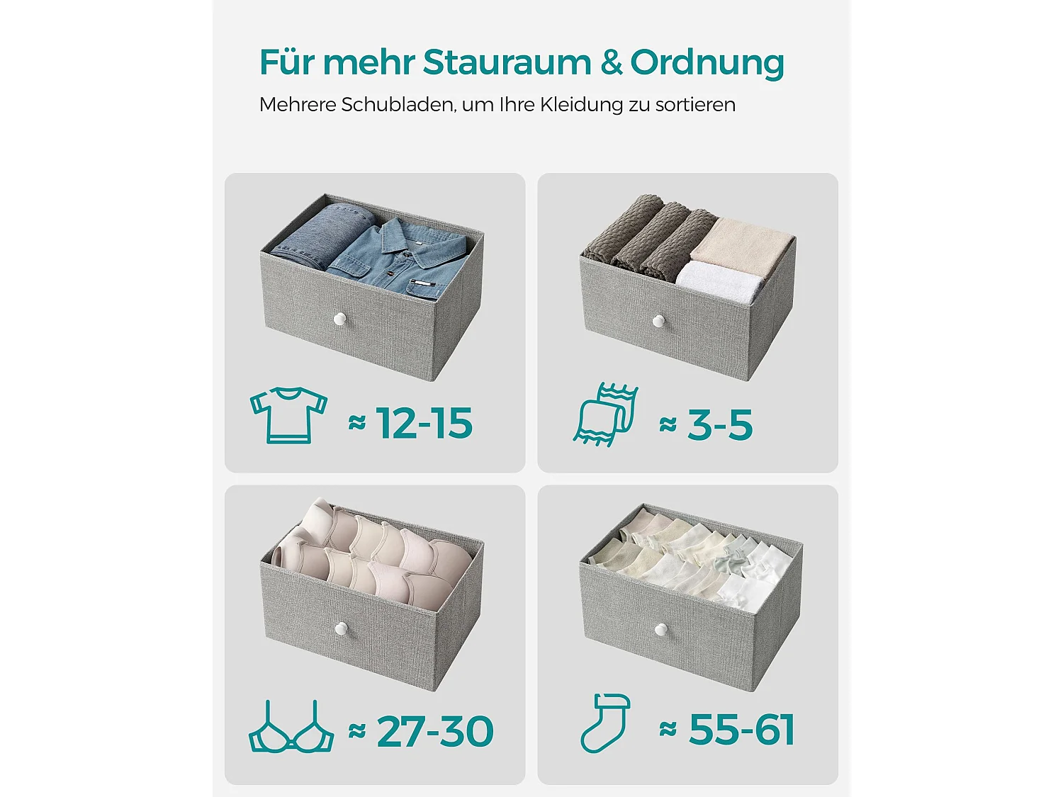 Commode en tissu avec 4 tiroirs gris clair blanc