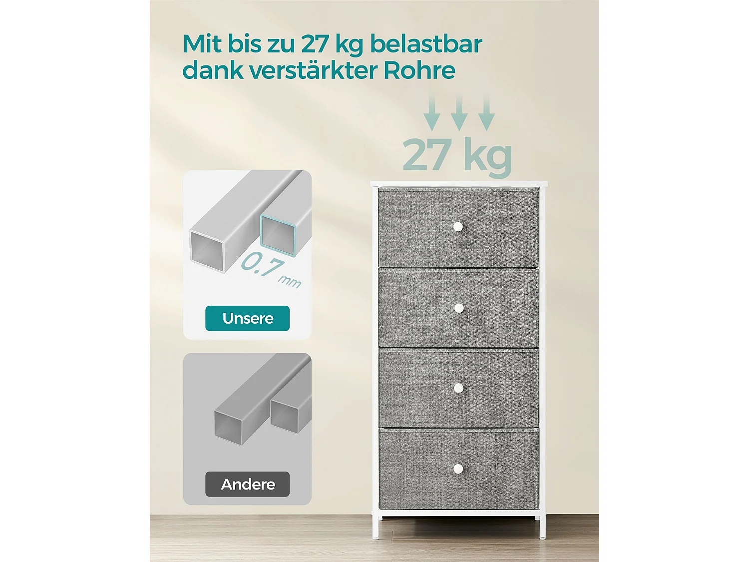 Commode en tissu avec 4 tiroirs gris clair blanc