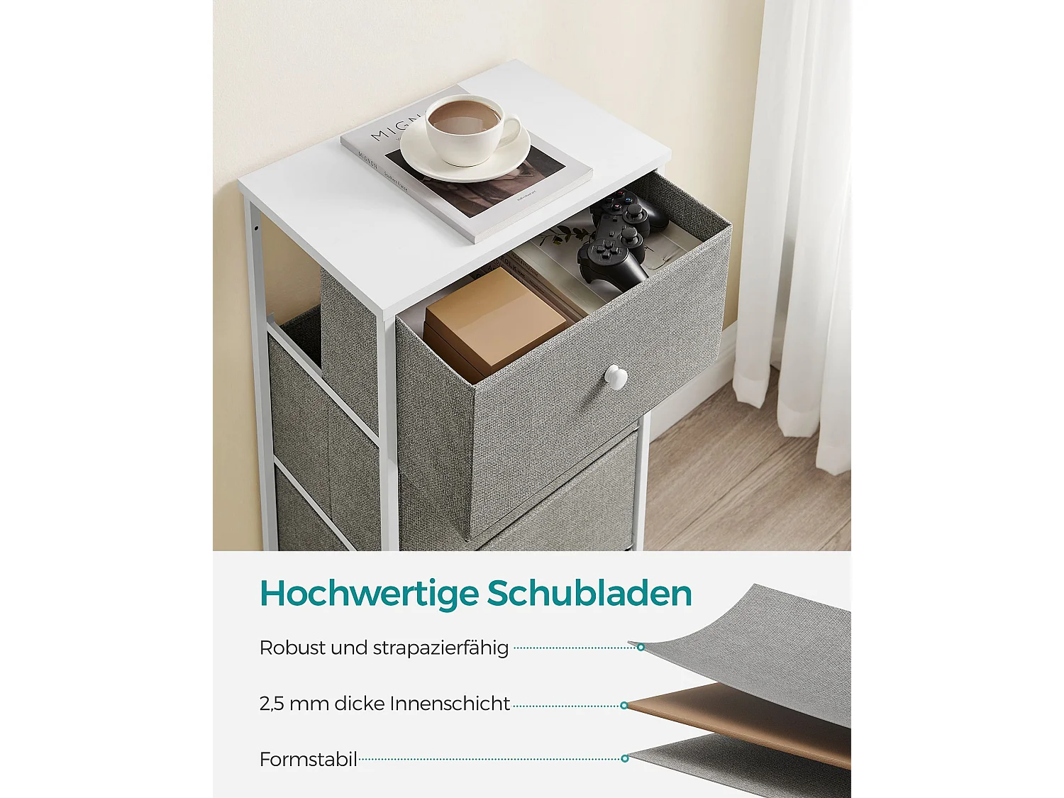 Commode en tissu avec 4 tiroirs gris clair blanc