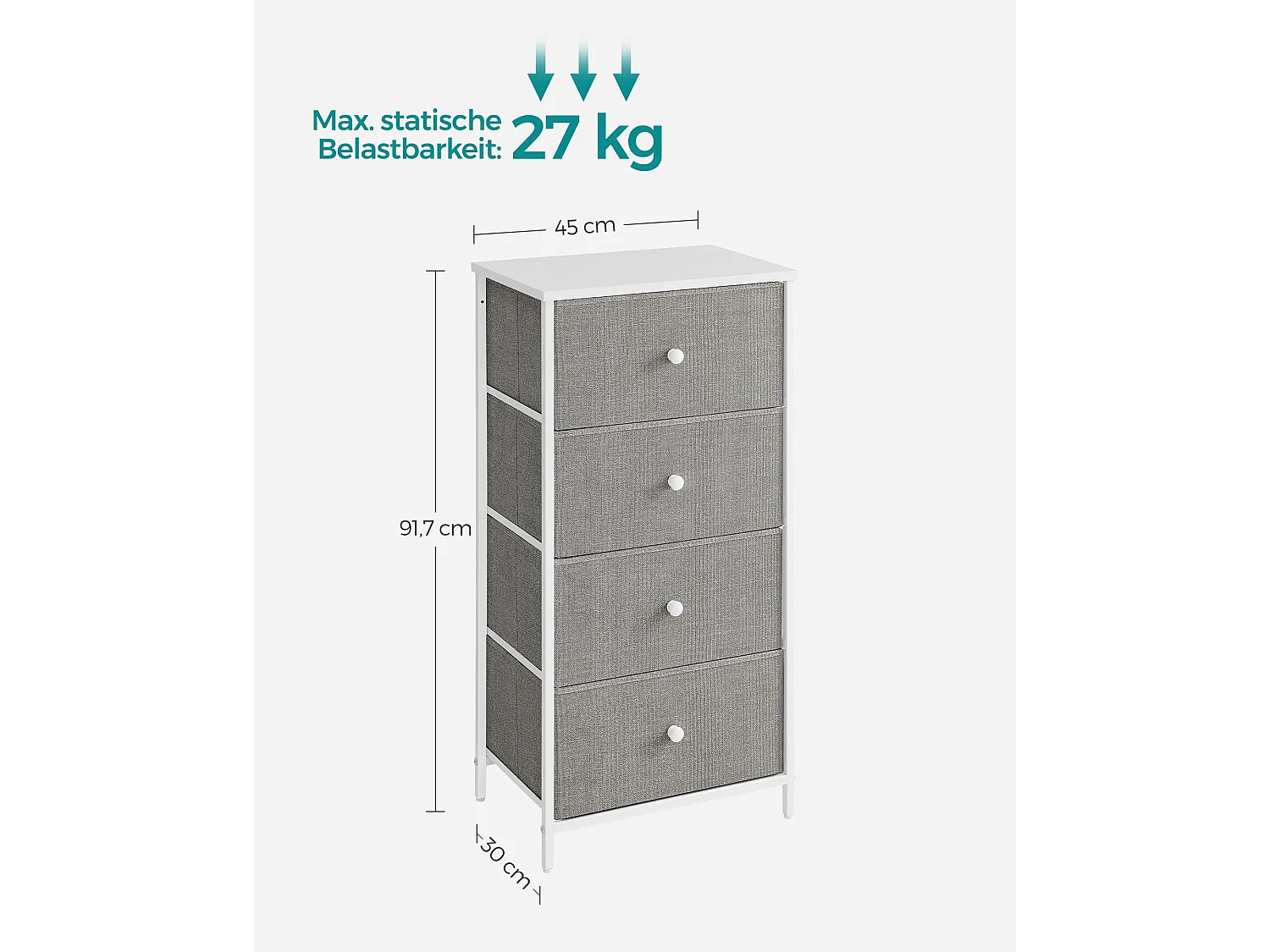 Commode en tissu avec 4 tiroirs gris clair blanc