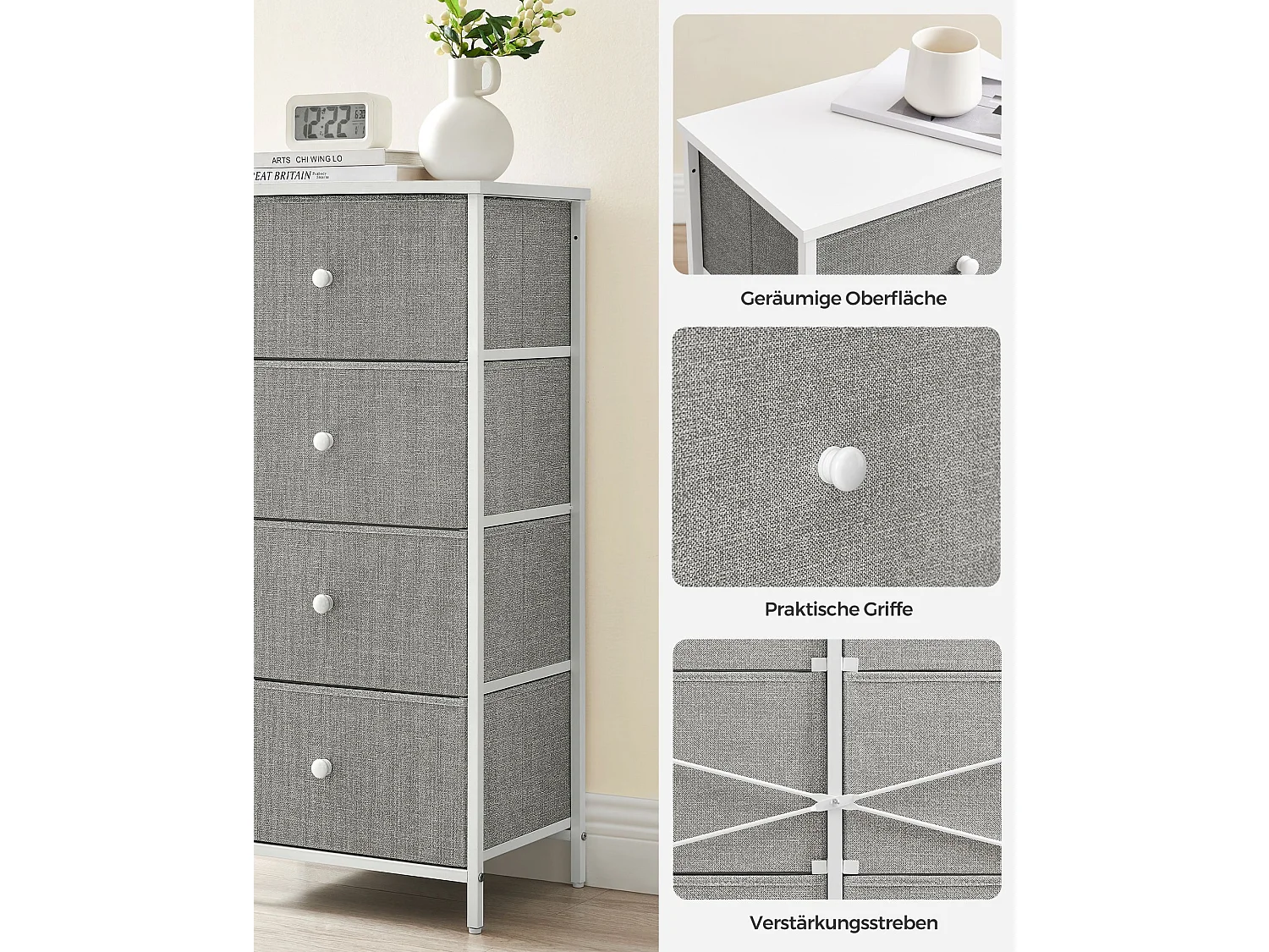 Commode en tissu avec 4 tiroirs gris clair blanc