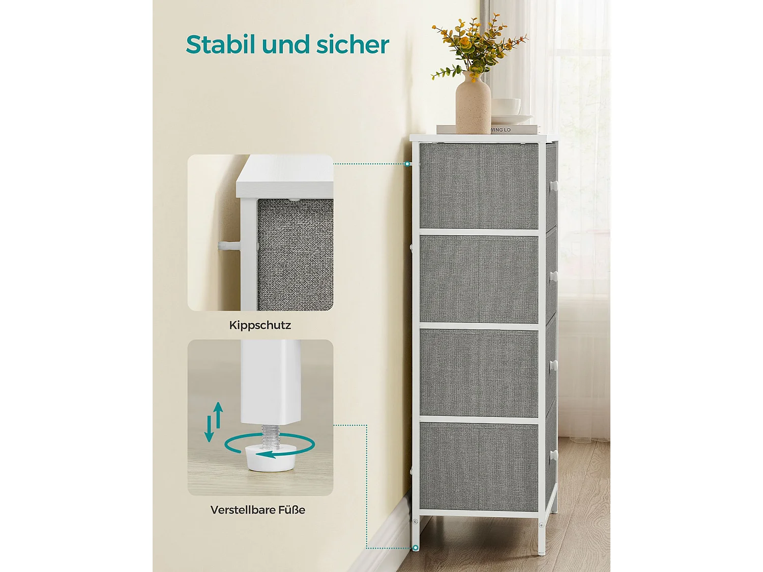 Commode en tissu avec 4 tiroirs gris clair blanc