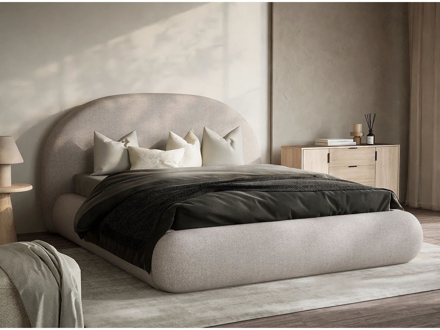 Łóżko ze skrzynią 180 x 200 cm - tkanina pleciona - beżowy - MAUMERE