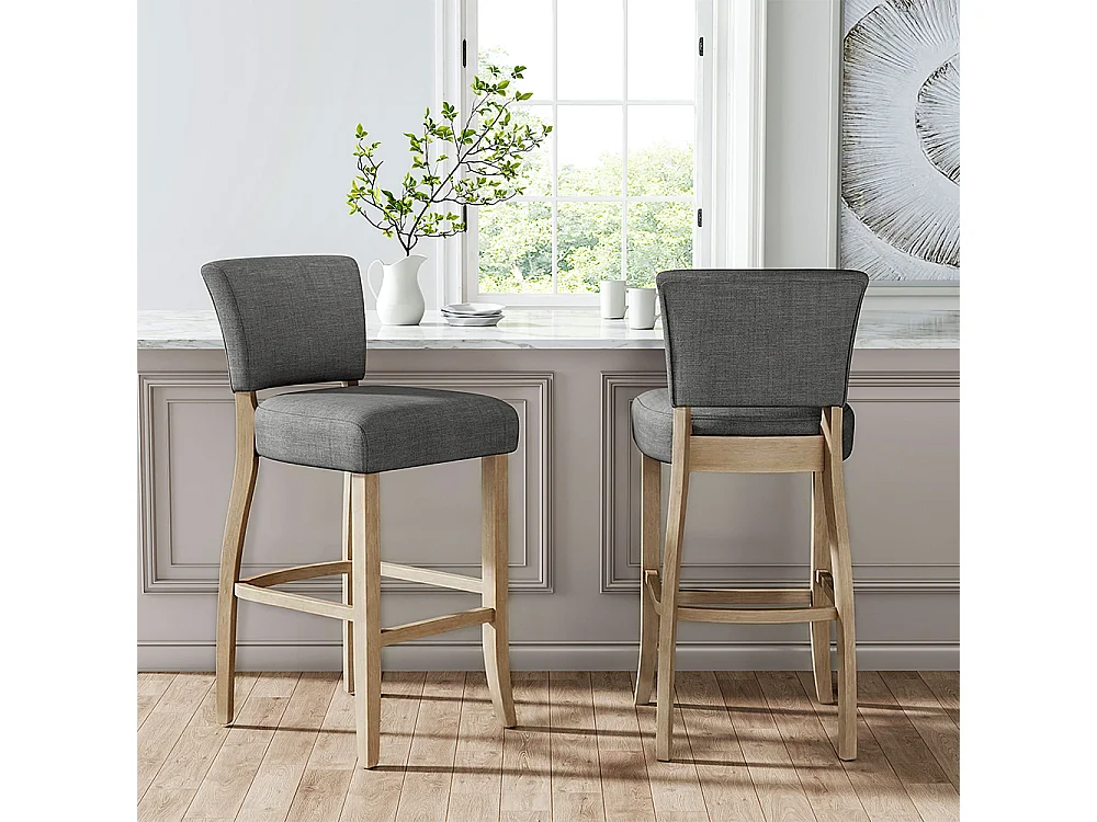 Set of 3 Linen Armless Bar Stool with Wooden Legs - Light Grey