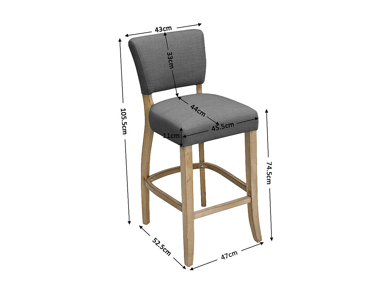 Set of 3 Linen Armless Bar Stool with Wooden Legs - Light Grey