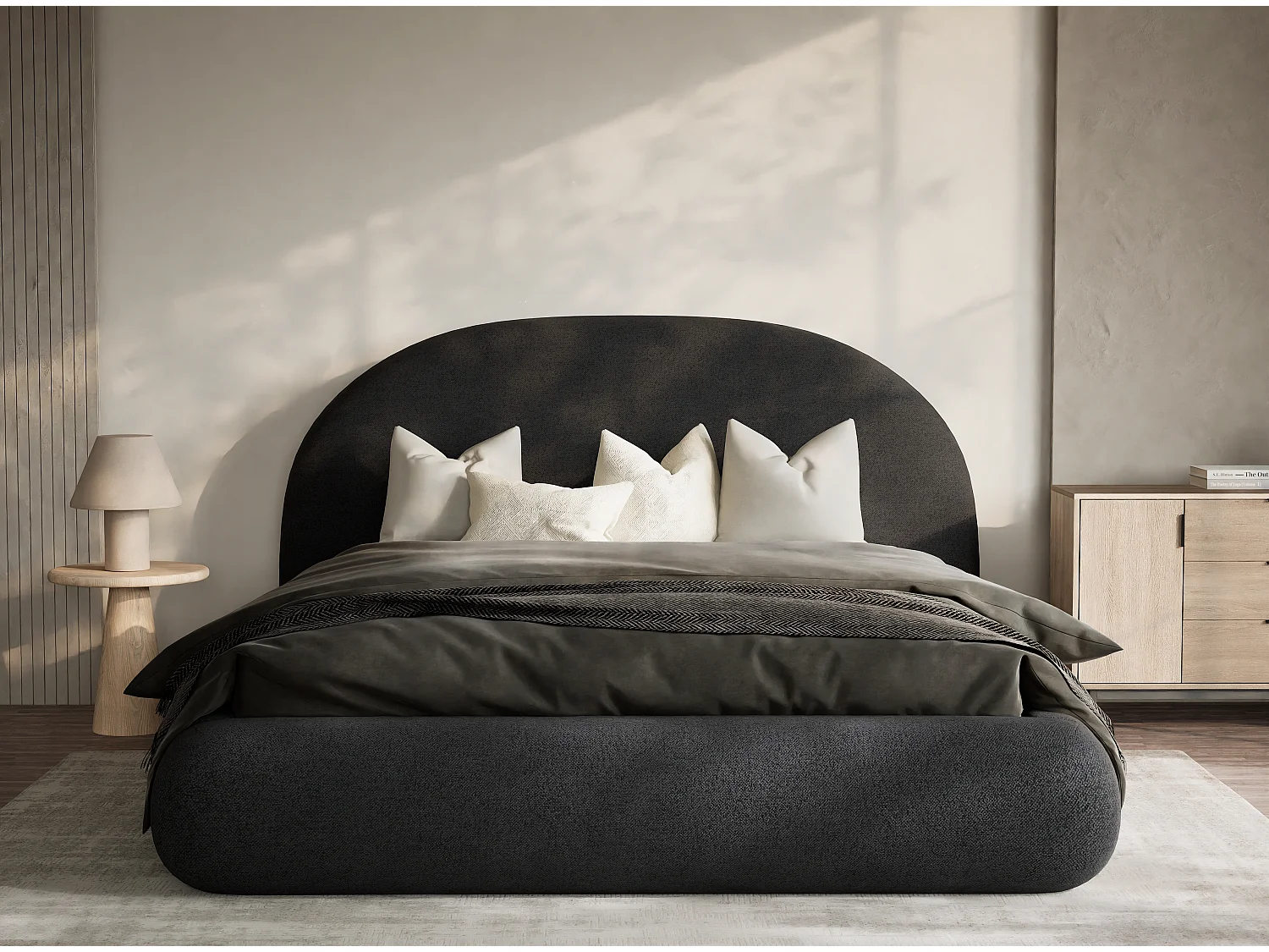 Łóżko ze skrzynią 180 x 200 cm - tkanina pleciona - grafitowy - MAUMERE