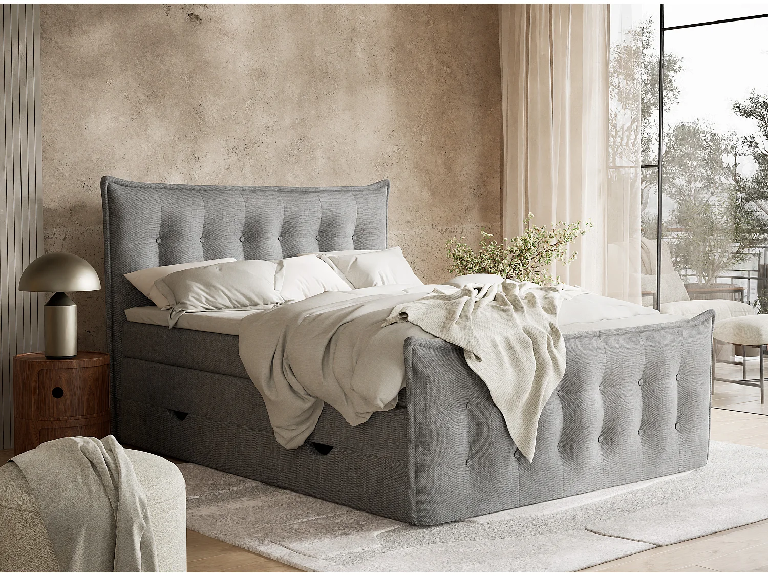 Łóżko boxspring z zagłówkiem + materac + topper - 160x200 cm - szary - FATU