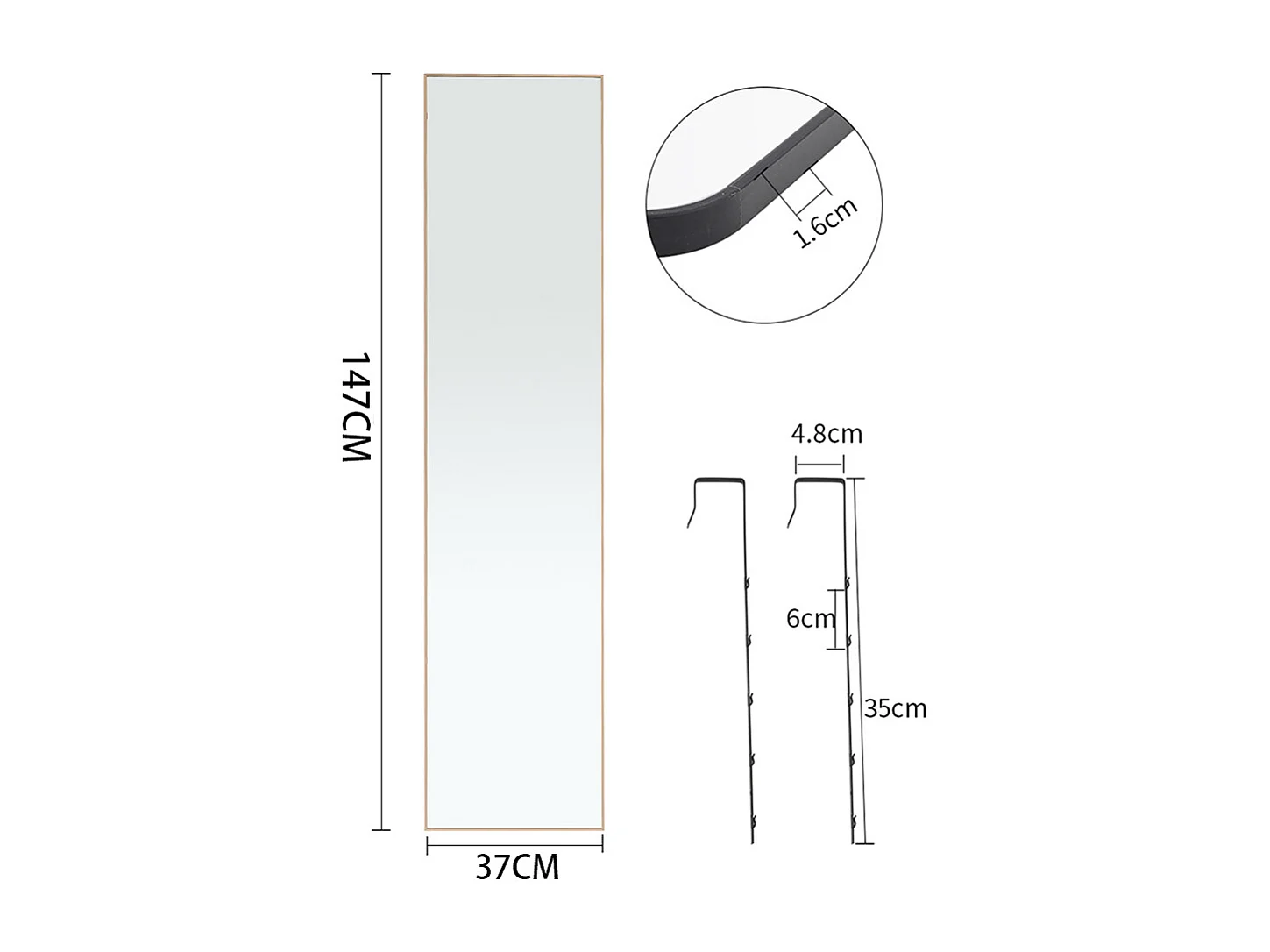 37x147cm Metal Frame Over the Door Full Length Mirror - Gold