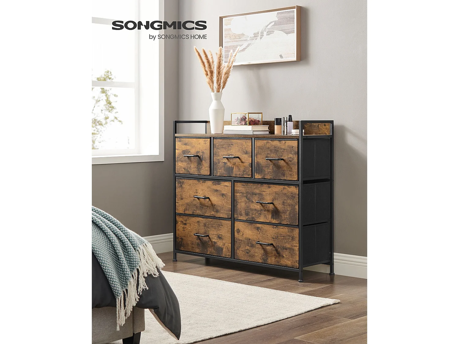 SONGMICS Fabric Chest of Drawers, Bedroom Storage Unit, Cabinet Dresser with 7 Drawers, with Metal Frame and Handles, Industrial, Rustic Brown and Black LTS137B01