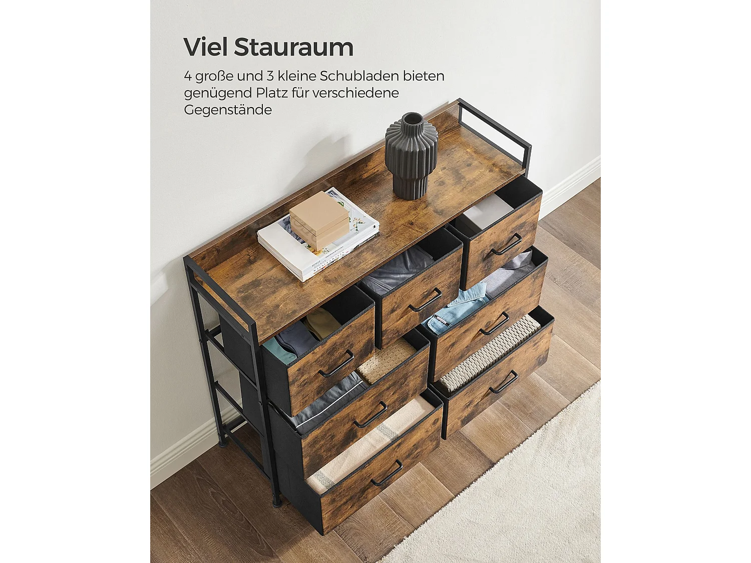 SONGMICS Fabric Chest of Drawers, Bedroom Storage Unit, Cabinet Dresser with 7 Drawers, with Metal Frame and Handles, Industrial, Rustic Brown and Black LTS137B01