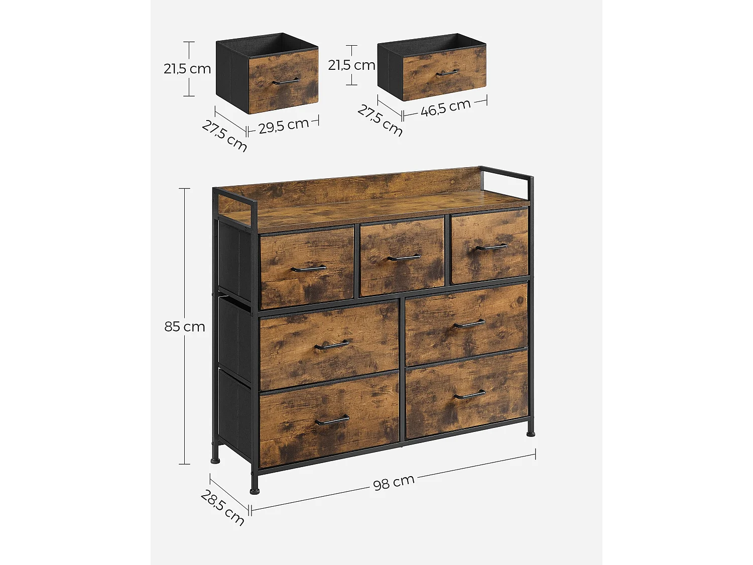SONGMICS Fabric Chest of Drawers, Bedroom Storage Unit, Cabinet Dresser with 7 Drawers, with Metal Frame and Handles, Industrial, Rustic Brown and Black LTS137B01