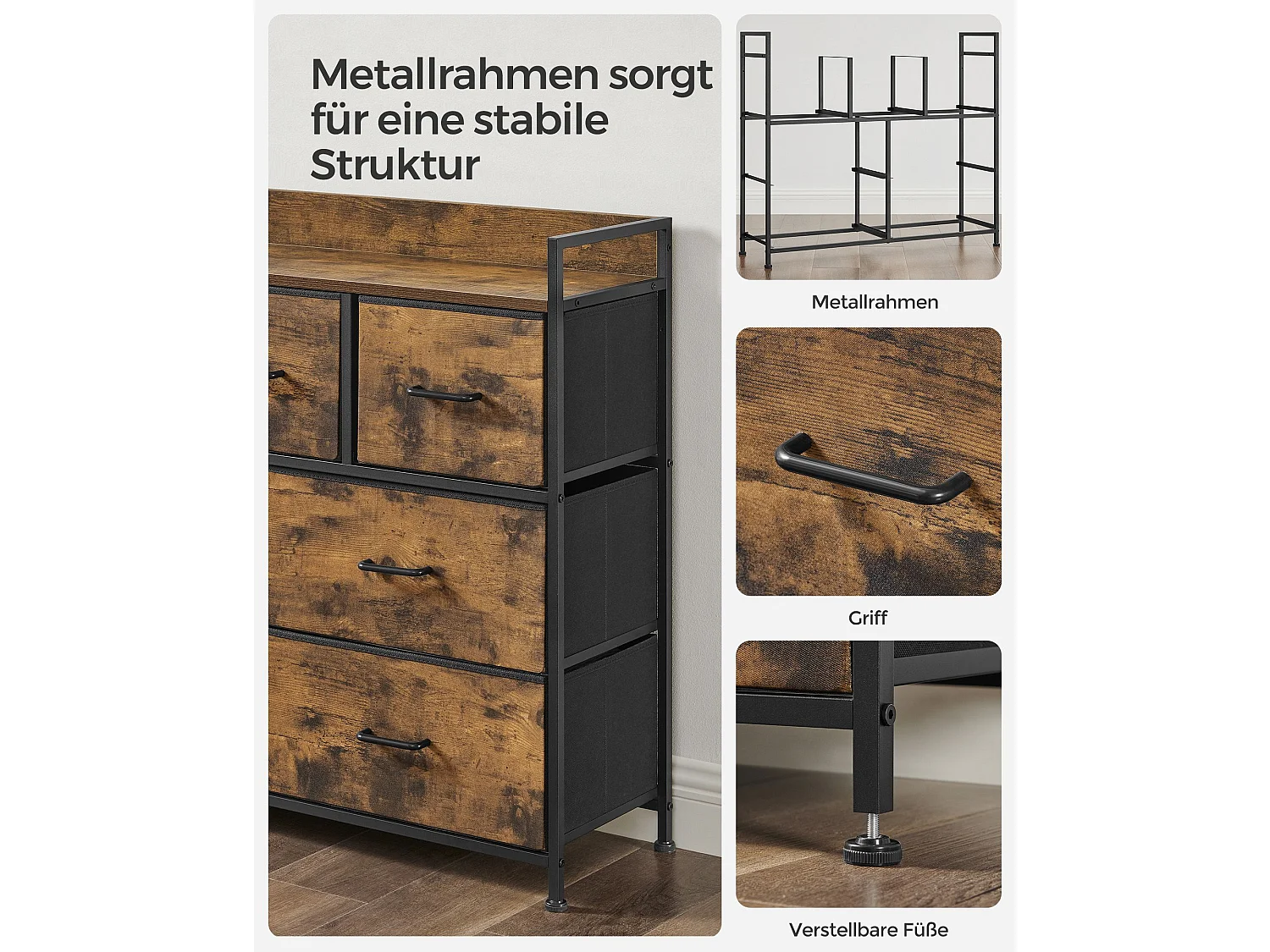 SONGMICS Fabric Chest of Drawers, Bedroom Storage Unit, Cabinet Dresser with 7 Drawers, with Metal Frame and Handles, Industrial, Rustic Brown and Black LTS137B01