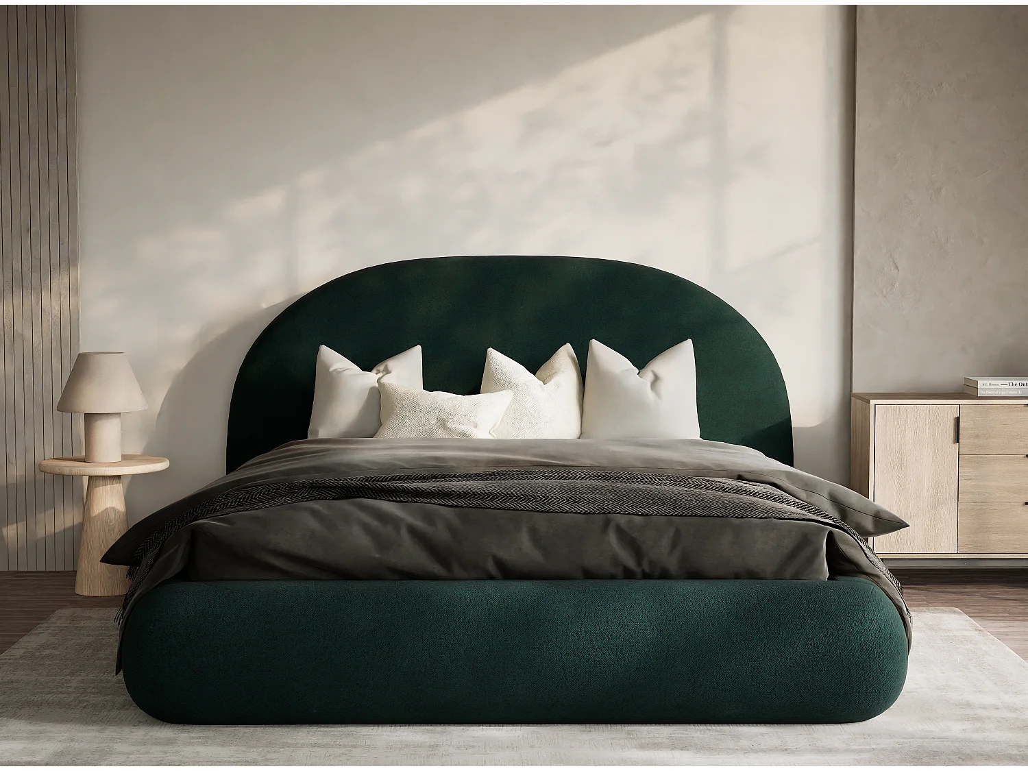 Łóżko ze skrzynią 140 x 200 cm - tkanina pleciona - ciemnozielony - MAUMERE