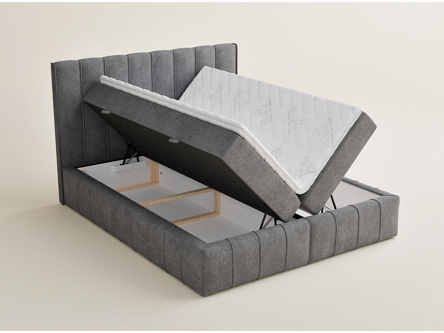 Lit boxspring avec rangement MORETTI - matelas - surmatelas - 140x200 cm - gris