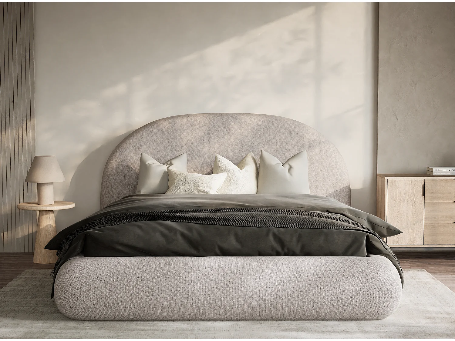 Łóżko ze skrzynią 140 x 200 cm - tkanina pleciona - beżowy - MAUMERE