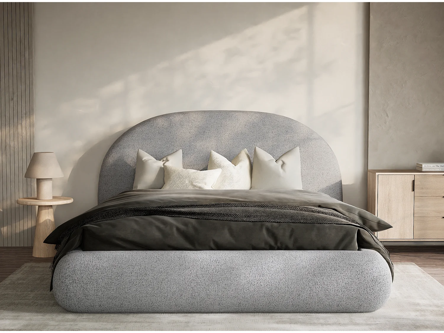 Łóżko ze skrzynią 180 x 200 cm - tkanina pleciona - jasnoszary - MAUMERE