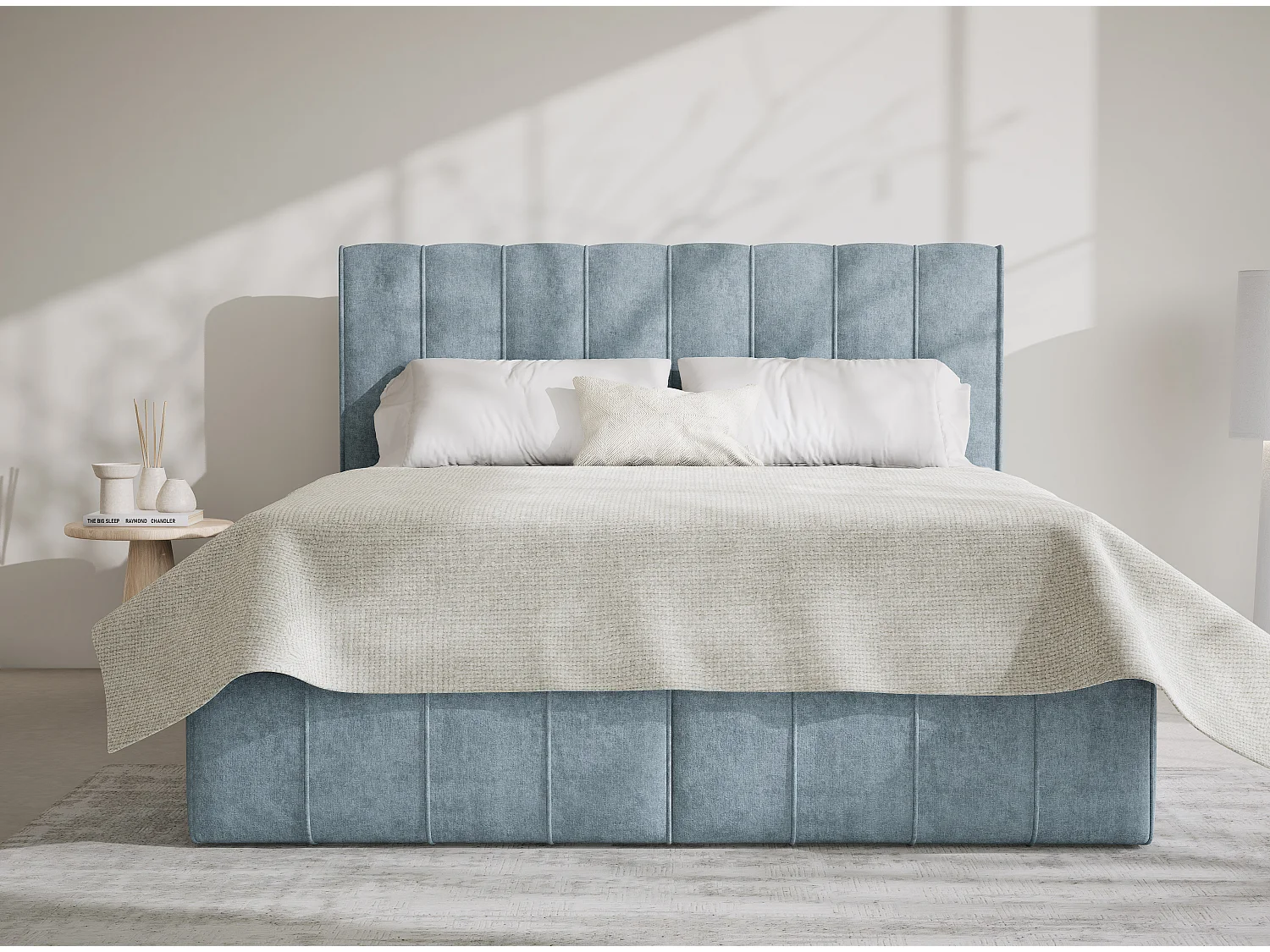 Lit boxspring avec rangement MORETTI - matelas - surmatelas - 160x200 cm - bleu clair