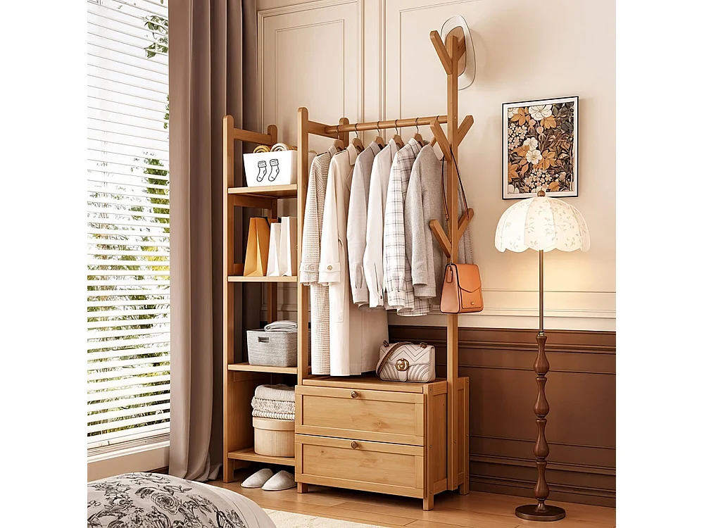 81cm Wooden Coat Rack with Cabinets, Hooks & Side Shelves - Natural