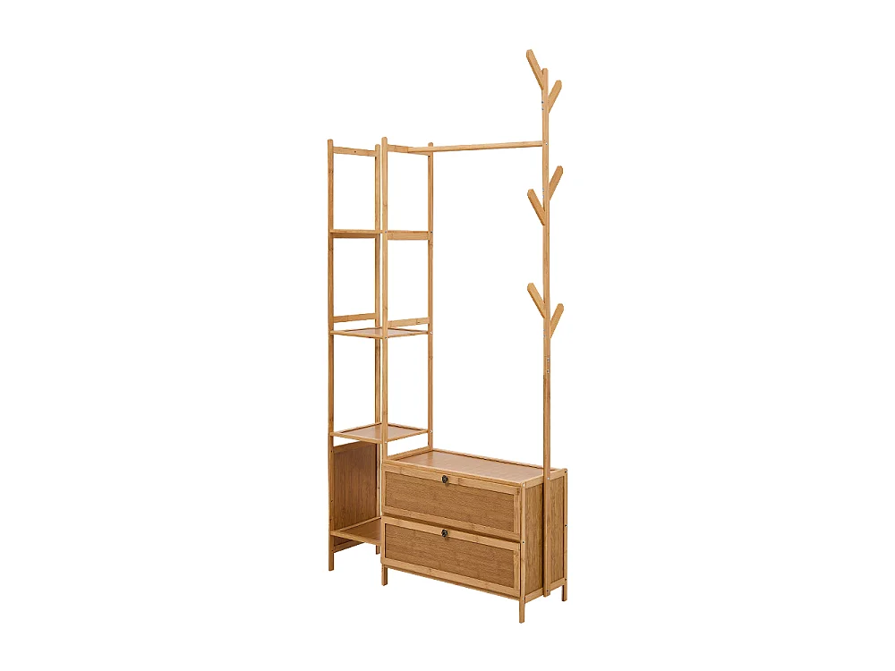 81cm Wooden Coat Rack with Cabinets, Hooks & Side Shelves - Natural