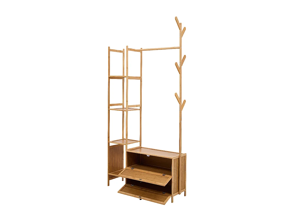 81cm Wooden Coat Rack with Cabinets, Hooks & Side Shelves - Natural