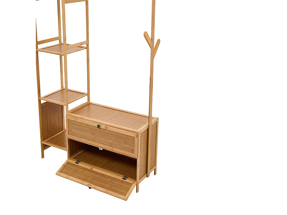81cm Wooden Coat Rack with Cabinets, Hooks & Side Shelves - Natural