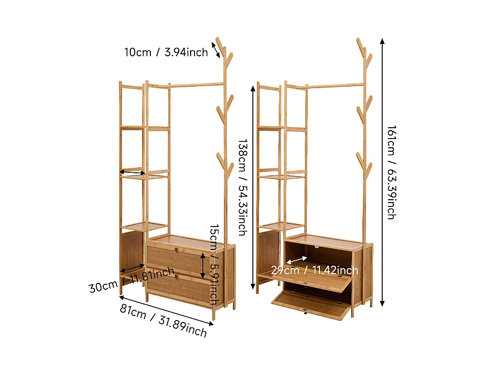 81cm Wooden Coat Rack with Cabinets, Hooks & Side Shelves - Natural